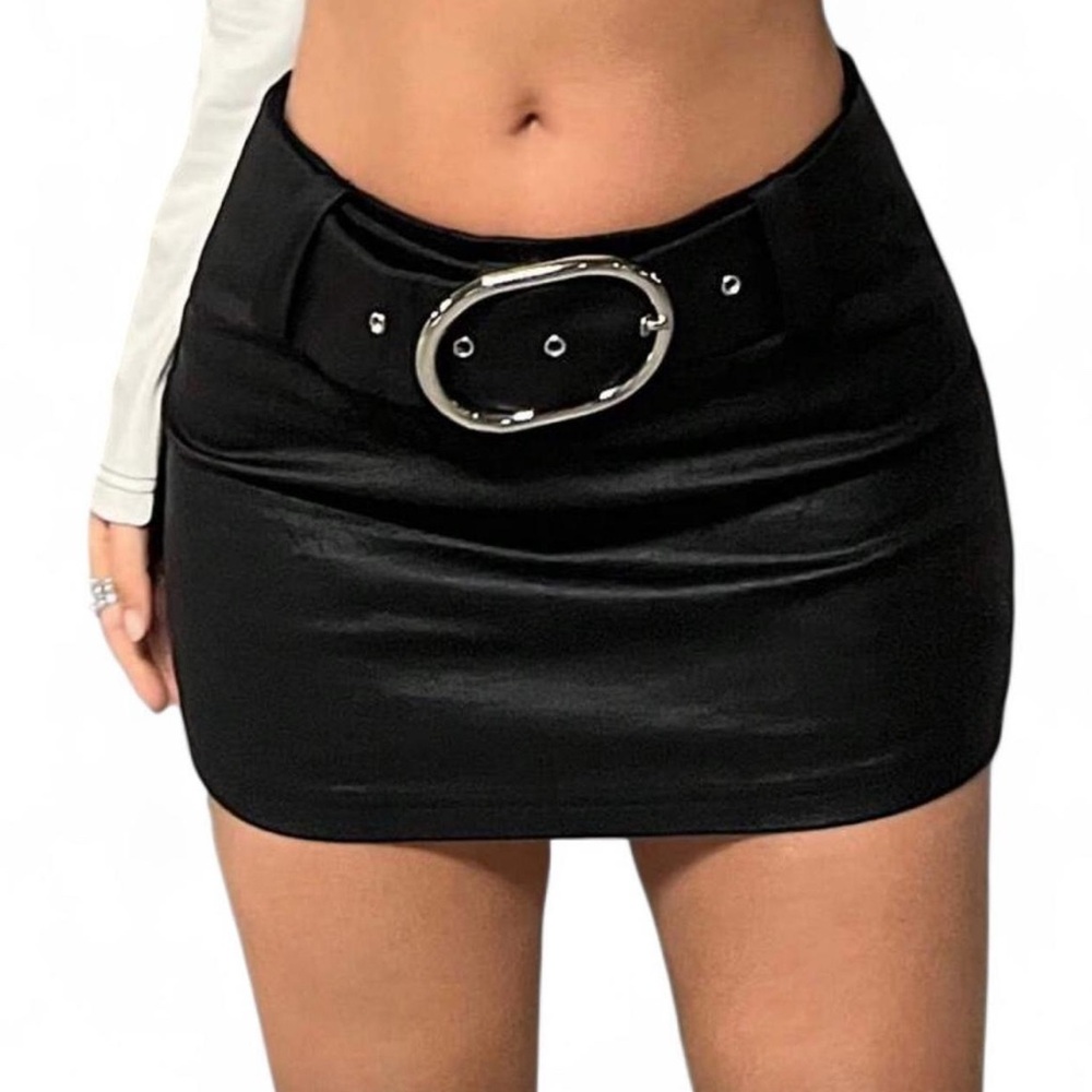 black faux leather mini skirt with adjustable silver buckle